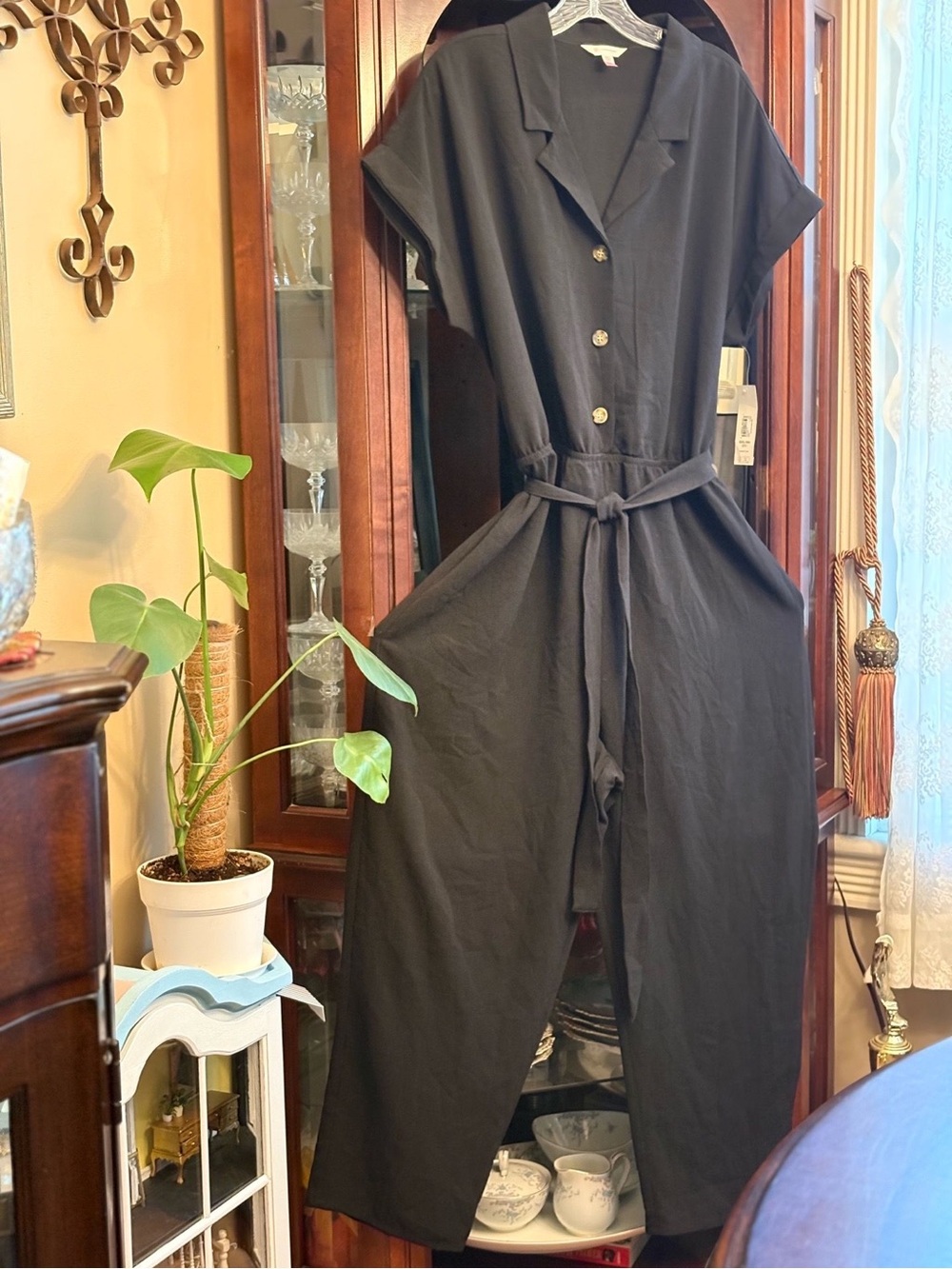 No Boundaries Black Button-Front Jumpsuit with Tie Waist